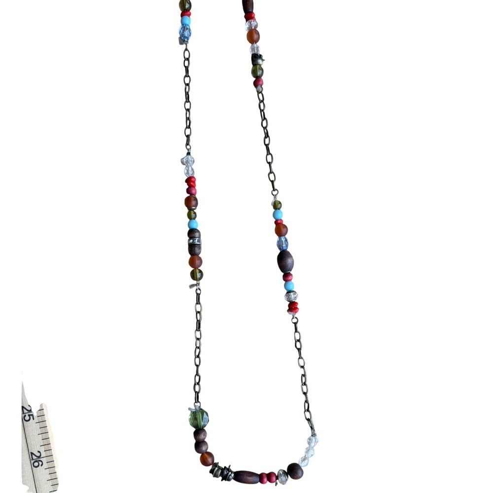 Boho Long Beaded Necklace Earthy Wood Glass Multi Color Bronze Tone
